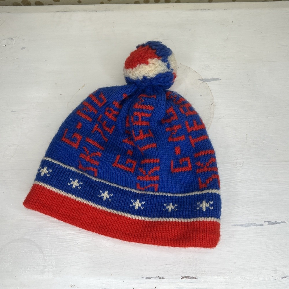 Vintage 70s Ski Beanie Ski Team Stocking Cap Red White Blue Pom Pom